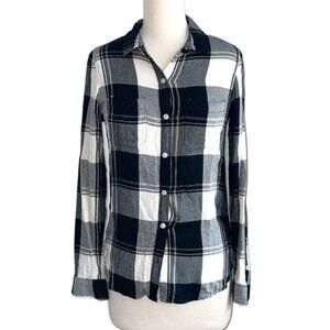 SO brand black and white plaid rayon button down shirt top in women’s small